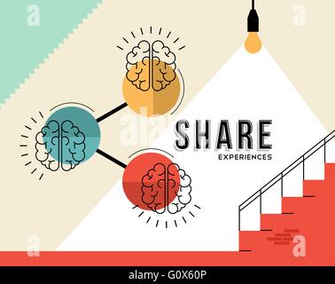 Share experiences, concept design of human brains with retro elements in modern line art style. EPS10 vector. Stock Vector