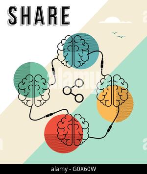 Share concept illustration, human brains share knowledge and information in modern flat line art style. EPS10 vector. Stock Vector