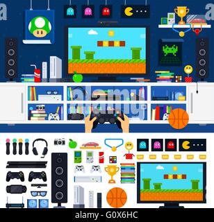 Gamer room interior with gadgets Stock Vector