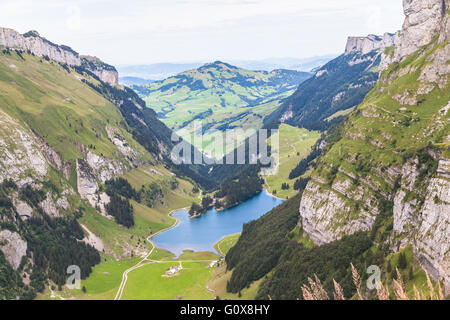 Aerial view of Seealpsee (lake) on the alpstein mountain in Switzerland Stock Photo