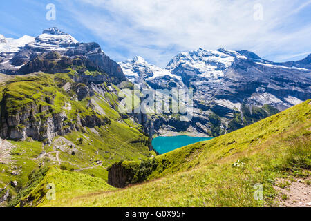 View of the Bluemlisalphorn above Oeschinen lake in Kandersteg on Bernese Oberland in Switzerland Stock Photo