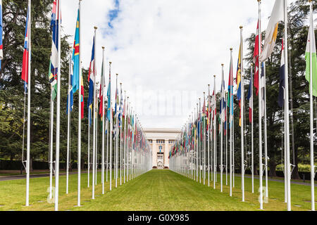 National flags at the entrance in UN office at Geneva, Switzerland Stock Photo