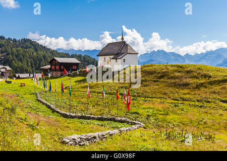 Small Chapel in Bettmeralp village near  Grindelwald in Switzerland. The cable car station to Bettmer lake is located in this vi Stock Photo