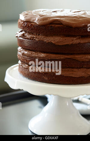 Layered Chocolate Birthday Cake on Cake Stand Stock Photo