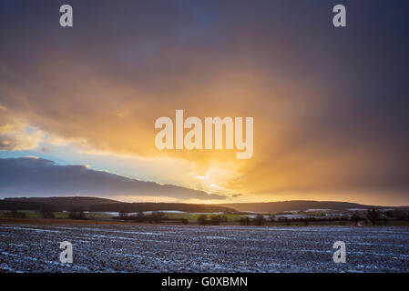 Field Landscape at Sunrise in the Winter, Dietersdorf, Coburg, Bavaria, Germany Stock Photo