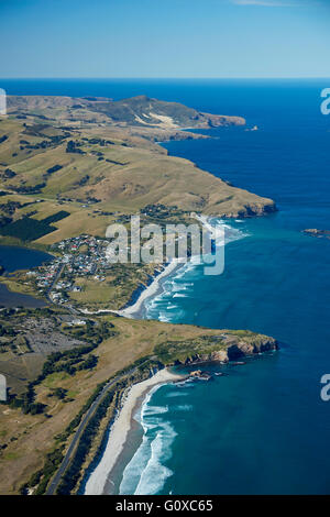 St Kilda Beach, Lawyer's Head, and Tomahawk Beach, Dunedin, Otago, South Island, New Zealand - aerial Stock Photo