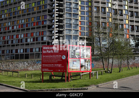 Welcome to Park Hill Flats Sheffield England. Refurbished apartments, Listed II* building Stock Photo