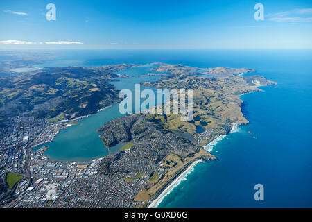 St Kilda Beach, Otago Harbour and Otago Peninsula, Dunedin, Otago, South Island, New Zealand - aerial Stock Photo