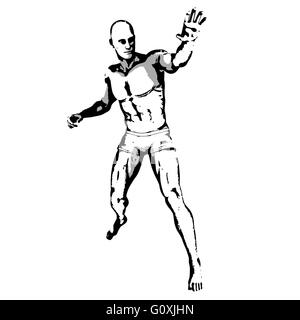 Comic Book Hero Pose in Sketch Ink Illustration Stock Photo