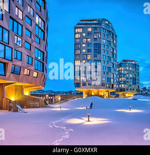 Residential high-rise buildings, accommodation with modern and irregular sized and shaped windows. Modern architecture. Tre Taarn. Sandnes, Norway Stock Photo