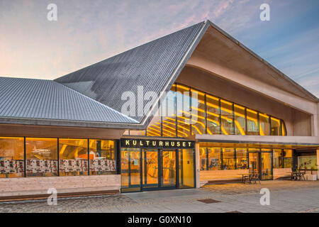 The large communal public building, the Vennesla Library, a library, cafe⌐, meeting place and administrative space in the town square. Stock Photo