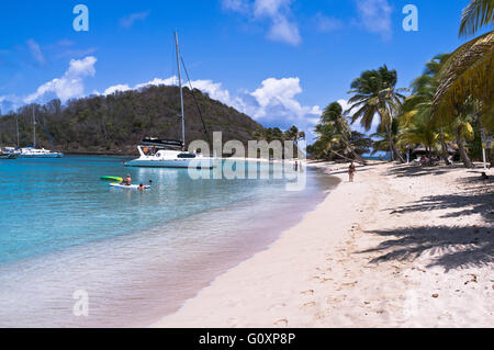 dh Mayreau island SaltWhistle Bay SAINT VINCENT CARIBBEAN Tourist family yacht St Vincent Grenadines Salt Whistle beach idyllic paradise Stock Photo