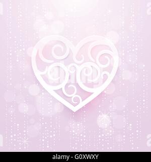 White ornamental heart shape on glitter pink textured background. For Valentine's day or wedding invitation. Stock Vector