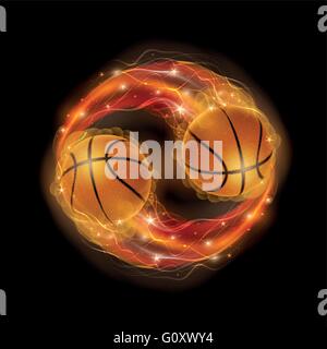 Basketball ball in flames and lights against black background. Vector illustration. Stock Vector