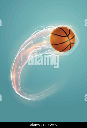 Basketball ball in flames and lights against blue background. Vector illustration. Stock Vector
