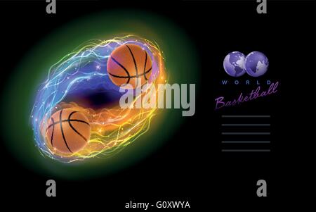 Basketball ball in flames and lights against black background. Vector illustration and design template. Stock Vector