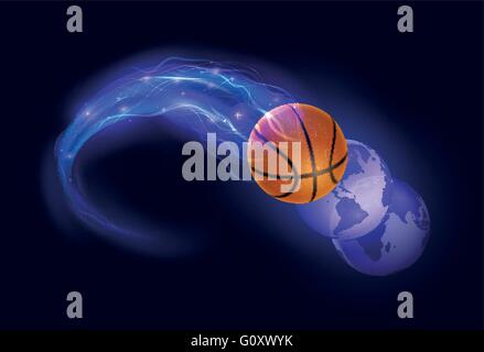 Basketball ball in flames and lights and world spheres against black background. Vector illustration. Stock Vector