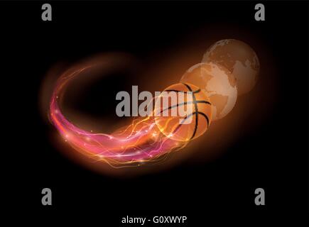 Basketball ball in flames and lights with world spheres against black background. Vector illustration. Stock Vector