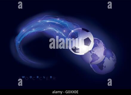 Soccer ball in flames and lights against black background. Vector illustration. Stock Vector