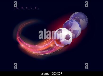 Soccer ball in flames and spheres against black background. Vector illustration. Stock Vector