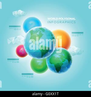 Vector polygon world spheres with colorful spheres. Infographic design template. Elements are layered separately in vector file. Stock Vector