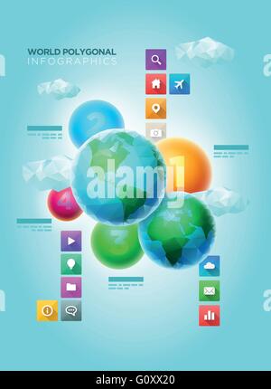 Vector polygon world spheres with colorful spheres and long shadow icons. Infographic design template. Elements are layered sepa Stock Vector