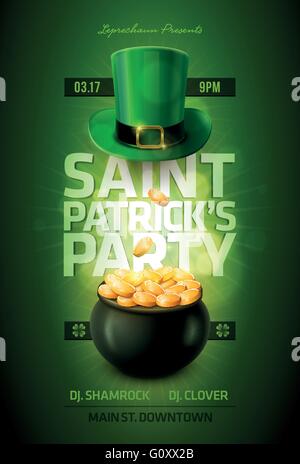Vector St. Patrick's Day poster design template. Pot of Gold and green hat. Elements are layered separately in vector file. Stock Vector