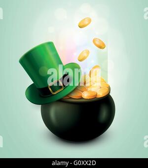 Vector St. Patrick's Day symbol. Pot of Gold and green hat. Elements are layered separately in vector file. Stock Vector