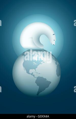 Polar Bear sitting on the World Sphere. Vector illustration. Elements are layered separately in vector file. Stock Vector