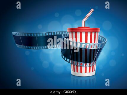 Camera film roll and cardboard cup with a straw on blue defocus background. Vector illustration. Stock Vector