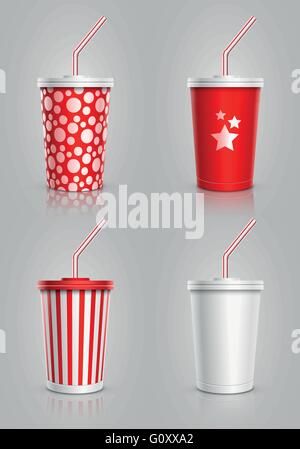 Disposable cups for beverages with straw collection. Vector illustration. Stock Vector