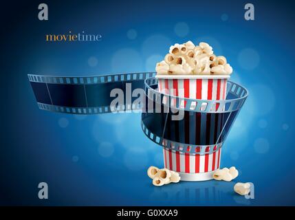 Camera film strip and popcorn on blue defocus background. Detailed vector illustration. Stock Vector