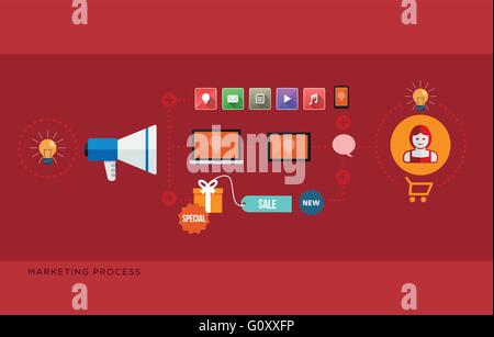 Flat design vector illustration of marketing process concept. Isolated on red background Stock Vector