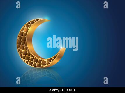 Muslim community festival Eid Mubarak symbol. Vector decorative crescent moon on blue background. Stock Vector