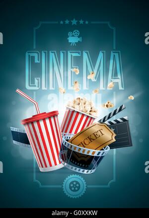 Popcorn box; disposable cup for beverages with straw, film strip, clapper board and ticket. Cinema Poster Design Template. Stock Vector