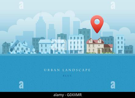 Vector flat illustration of city landscape. OPtions concept. Elements are layered separately in vector file. Easy editable. Stock Vector