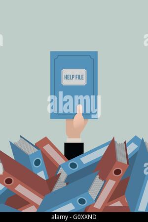 Businessman hand reaches out from a pile of paperwork with help file folder. Stock Vector