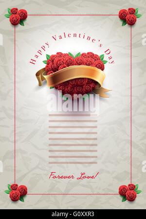 Vector retro Valentine's Day greeting design template with roses and wrinkled paper background. Elements are layered separately Stock Vector