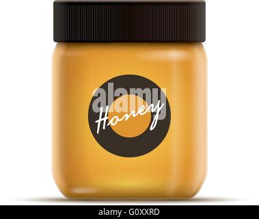 Vector realistic illustration of honey or jam jar. All elements are layered separately in vector file. Product color is global c Stock Vector