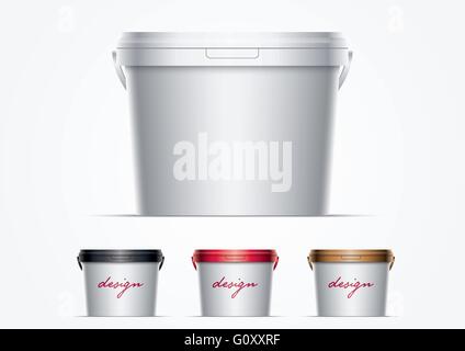 Vector plastic bucket illustration. Ideal for your mock up. Elements are layered separately in vector file. Color lids are just Stock Vector
