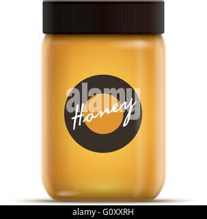 Vector realistic illustration of honey or jam jar. All elements are layered separately in vector file. Product color is global c Stock Vector