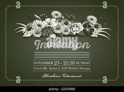 Invitation design template with colorful vintage hand drawn flowers. Elements are layered separately. Two global colors. Stock Vector