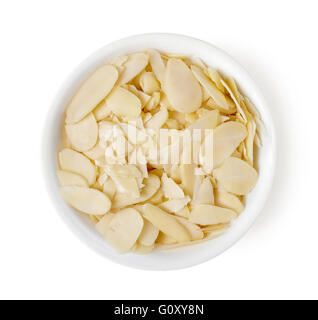 Bowl of almond slices isolated on white background, top view Stock Photo