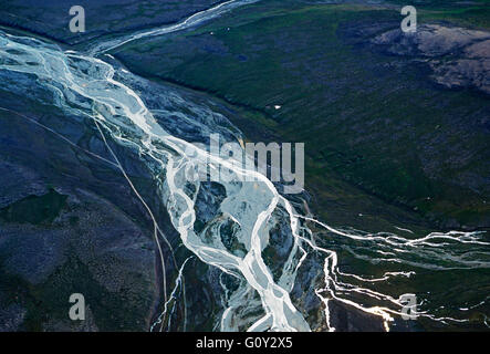 Aerial view of remote river between Provideniya & Egvekinot; Siberia; Chuchki Peninsula; Magadan Region; Russian Federation Stock Photo