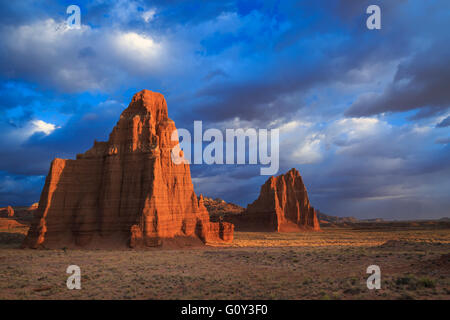 sunrise light on temples of the moon and sun in lower cathedral valley of capitol reef national park, utah Stock Photo