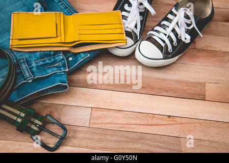 Men S Business Clothes and Accessories on Wooden Background. Stock Photo -  Image of formal, patent: 77854980
