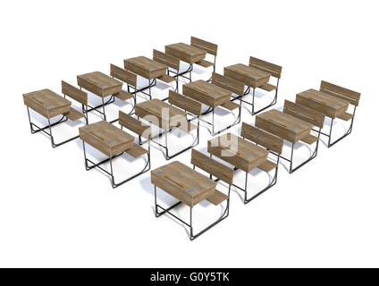 A 3D rendering of an array of vintage wooden school desks set out in rows on an isolated white studio background Stock Photo