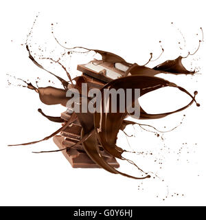 liquid splash chocolate around stack of chocolate blocks, isolated on white Stock Photo