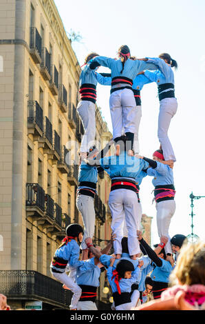 Castellers build human towers in Barcelona Catalonia Spain, a distinctive regional tradition Stock Photo