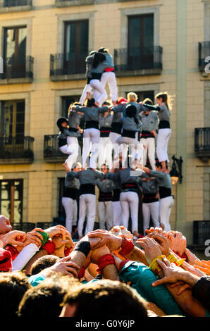 Castellers build human towers in Barcelona Catalonia Spain, a distinctive regional tradition Stock Photo
